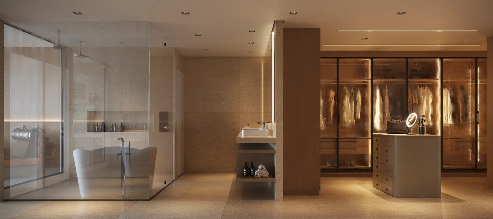 Closet com banheira e iluminação indireta