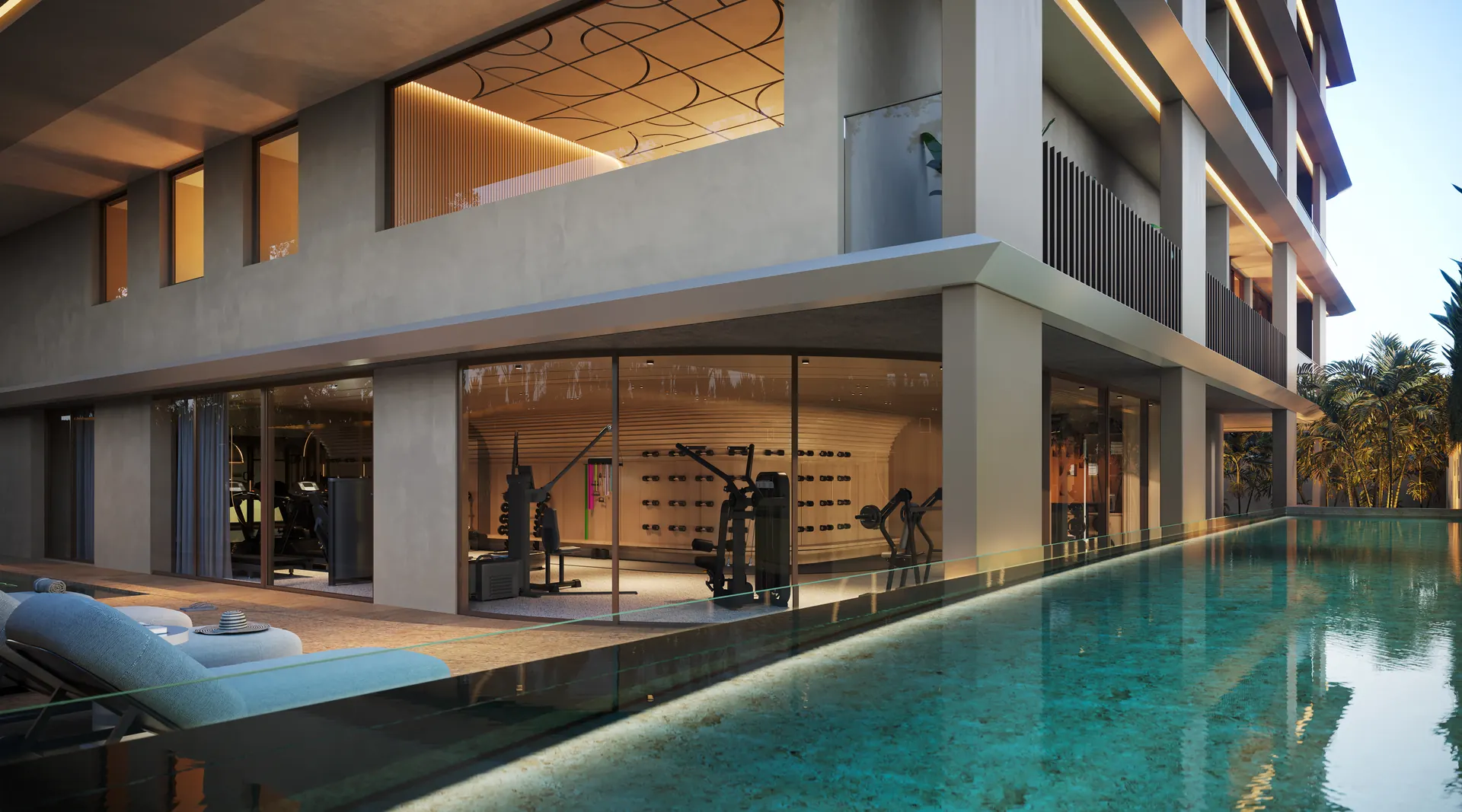 Piscina do Atto com espreguiçadeiras e o lobby ao fundo