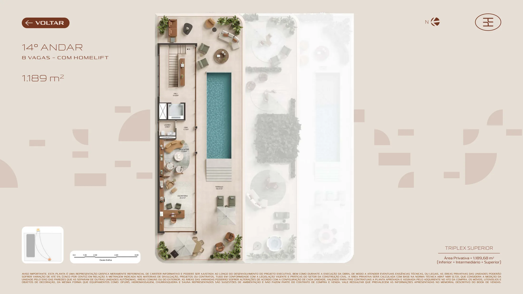 Planta do piso superior da penthouse triplex do Atto, com a piscina