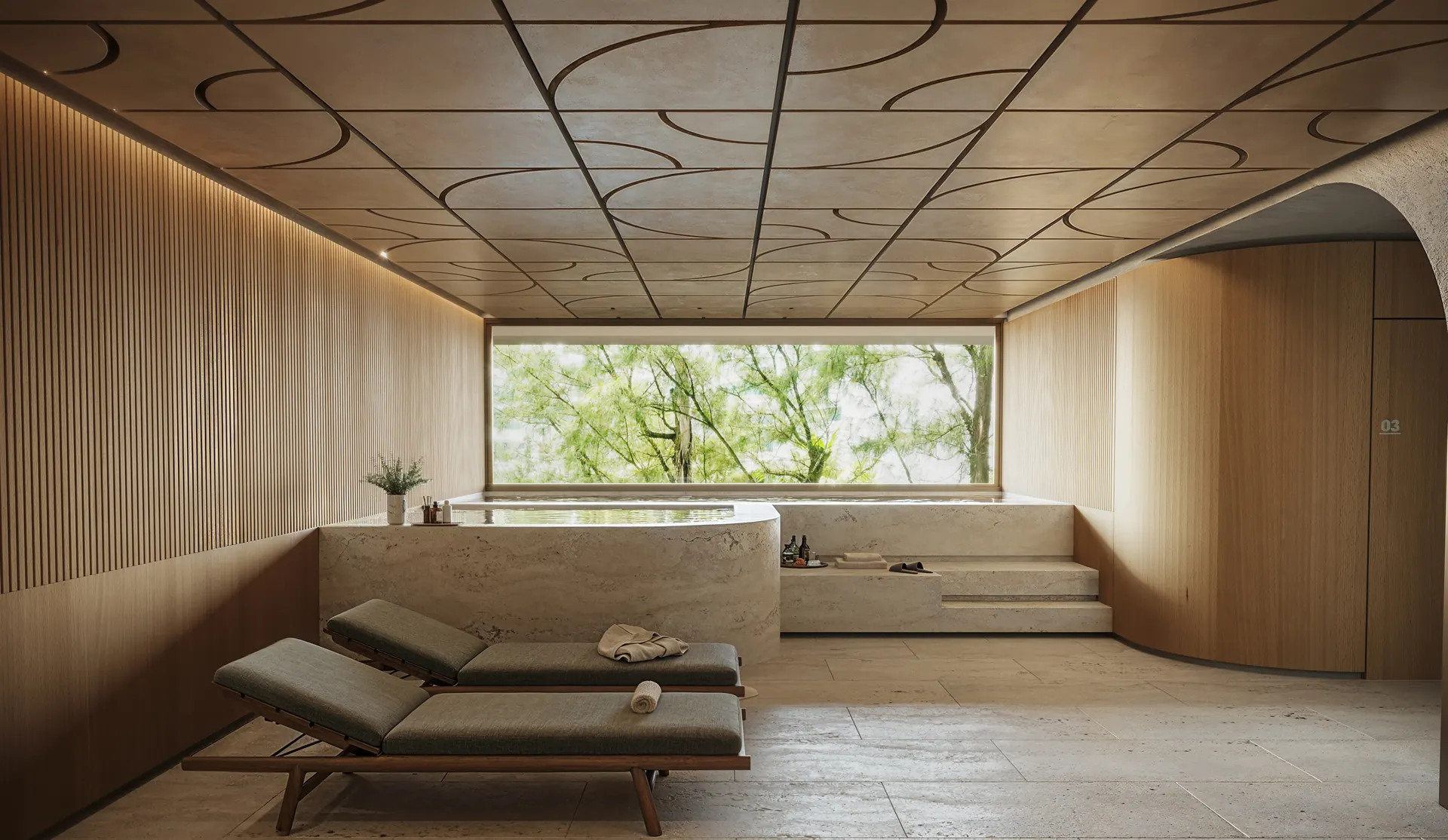Área de relaxamento do spa com espreguiçadeiras e janela para o jardim