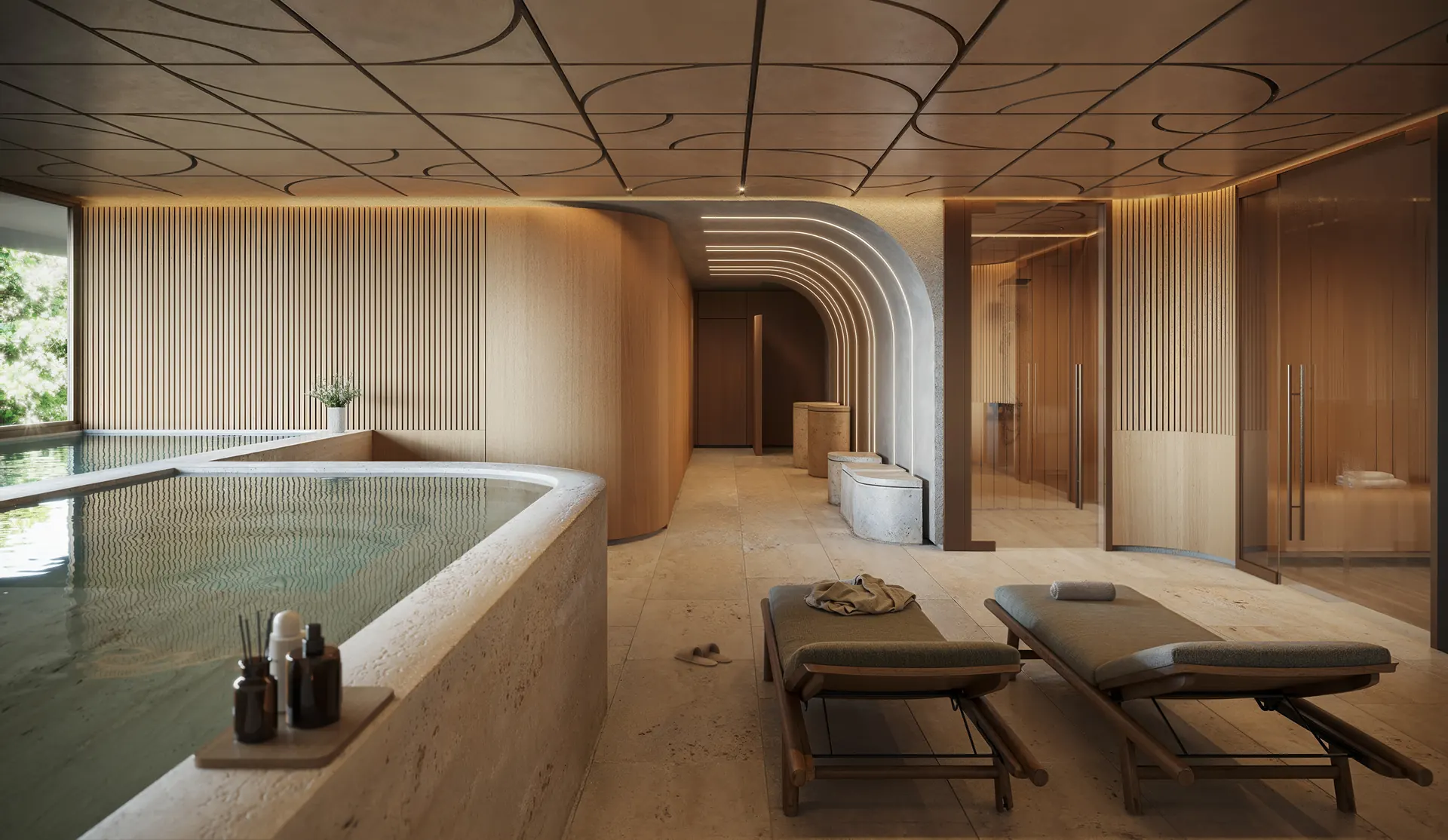 Spa do Atto com piscina aquecida e espreguiçadeiras, revestido em madeira
