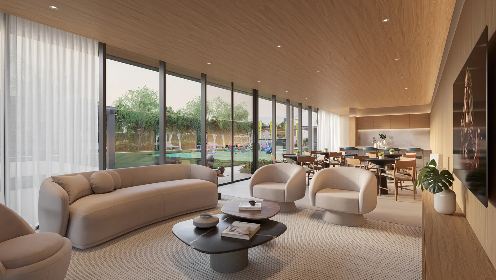 Espaço gourmet com sofás, mesa de jantar e vista para o jardim