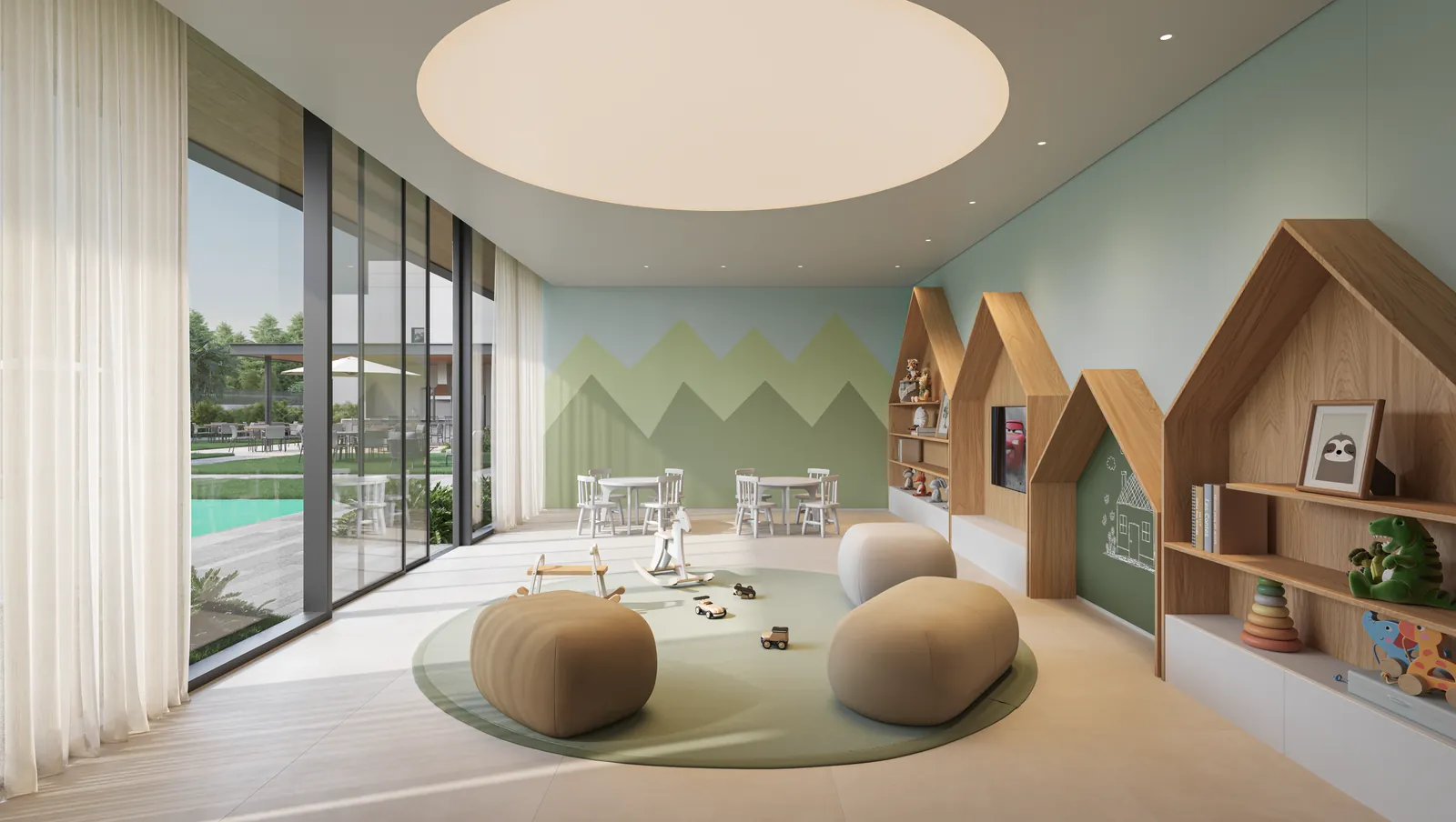 Espaço kids com casinhas de madeira, pufes e parede verde