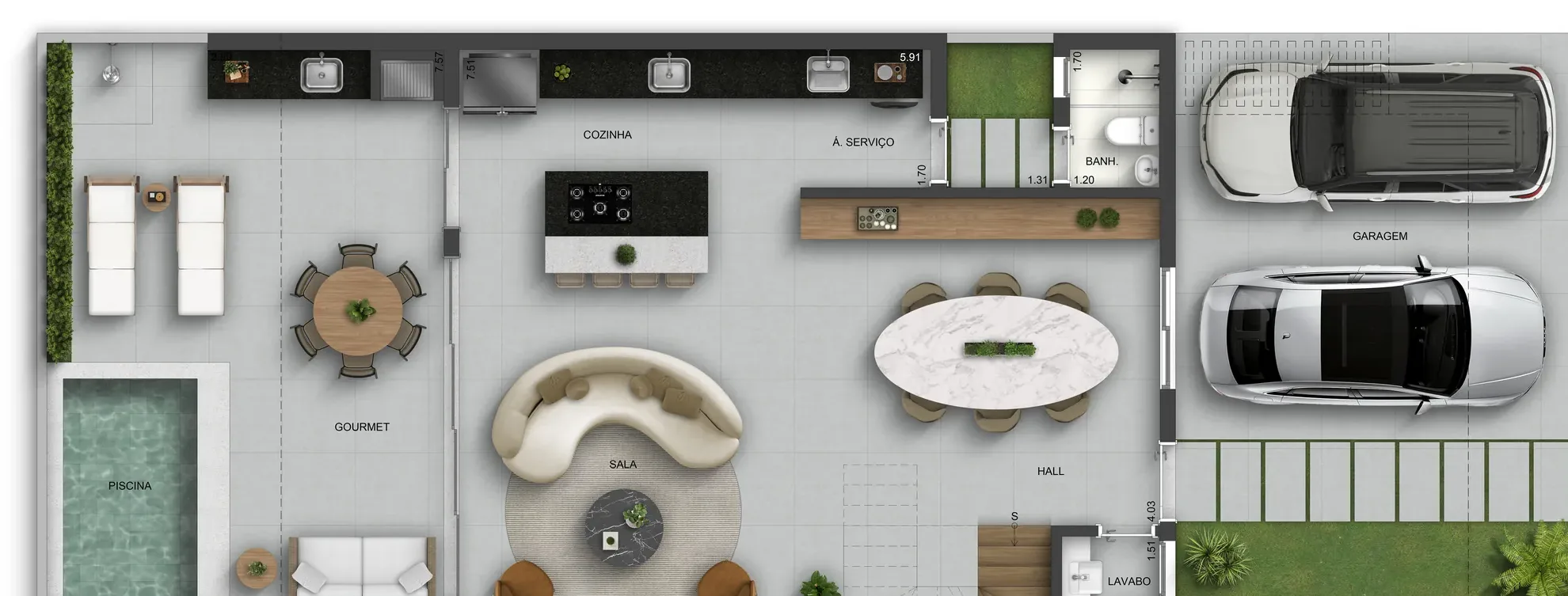 Planta do pavimento social de uma casa do Barra Home Design