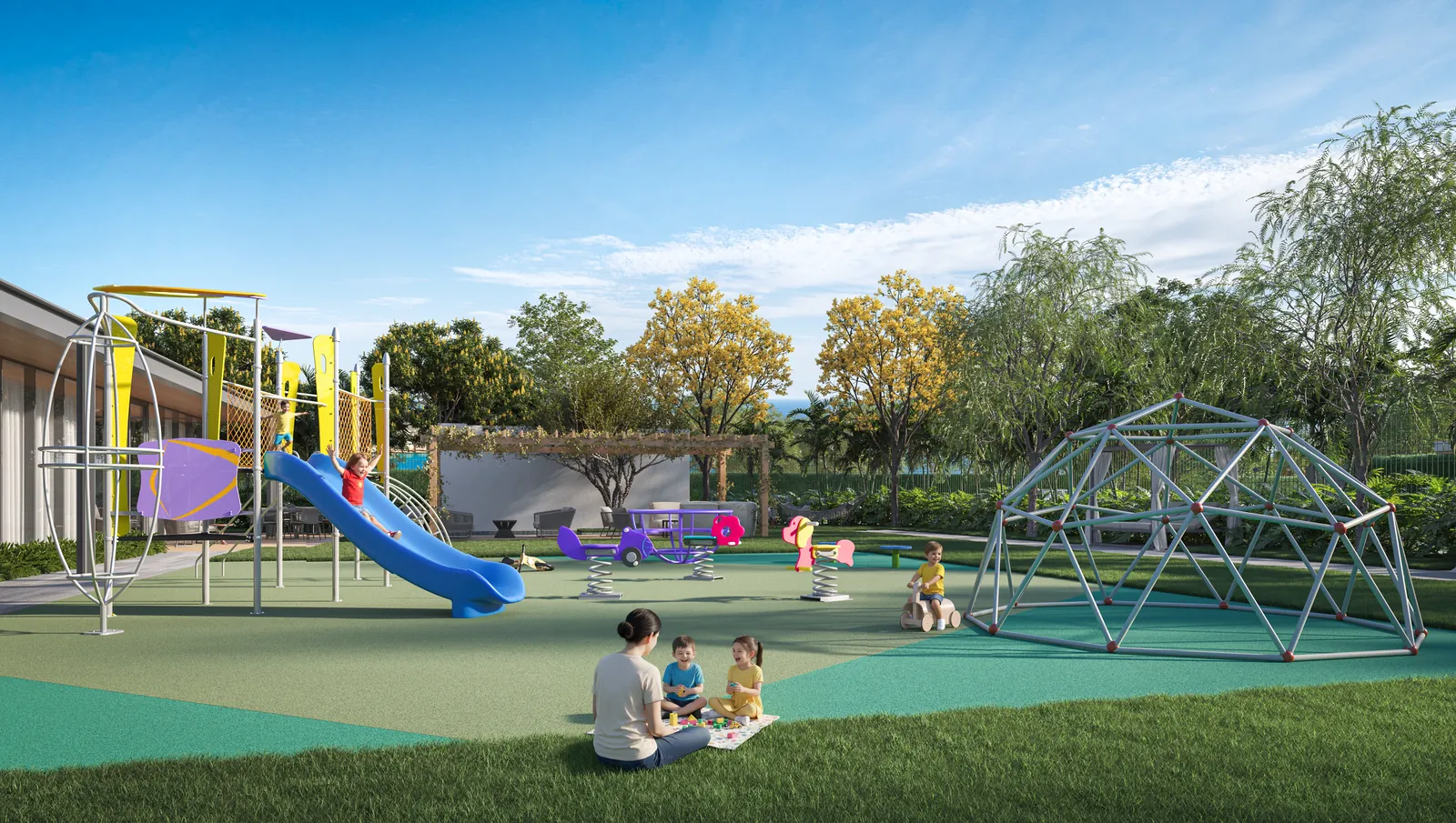 Playground com escorregador, trepa-trepa e gramado