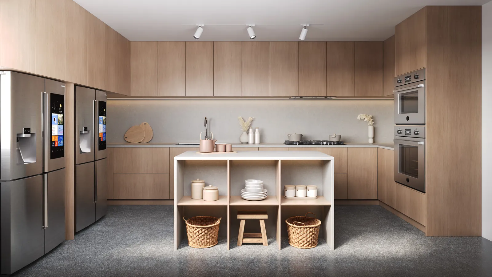 Cozinha com ilha, armários de madeira e geladeira duplex