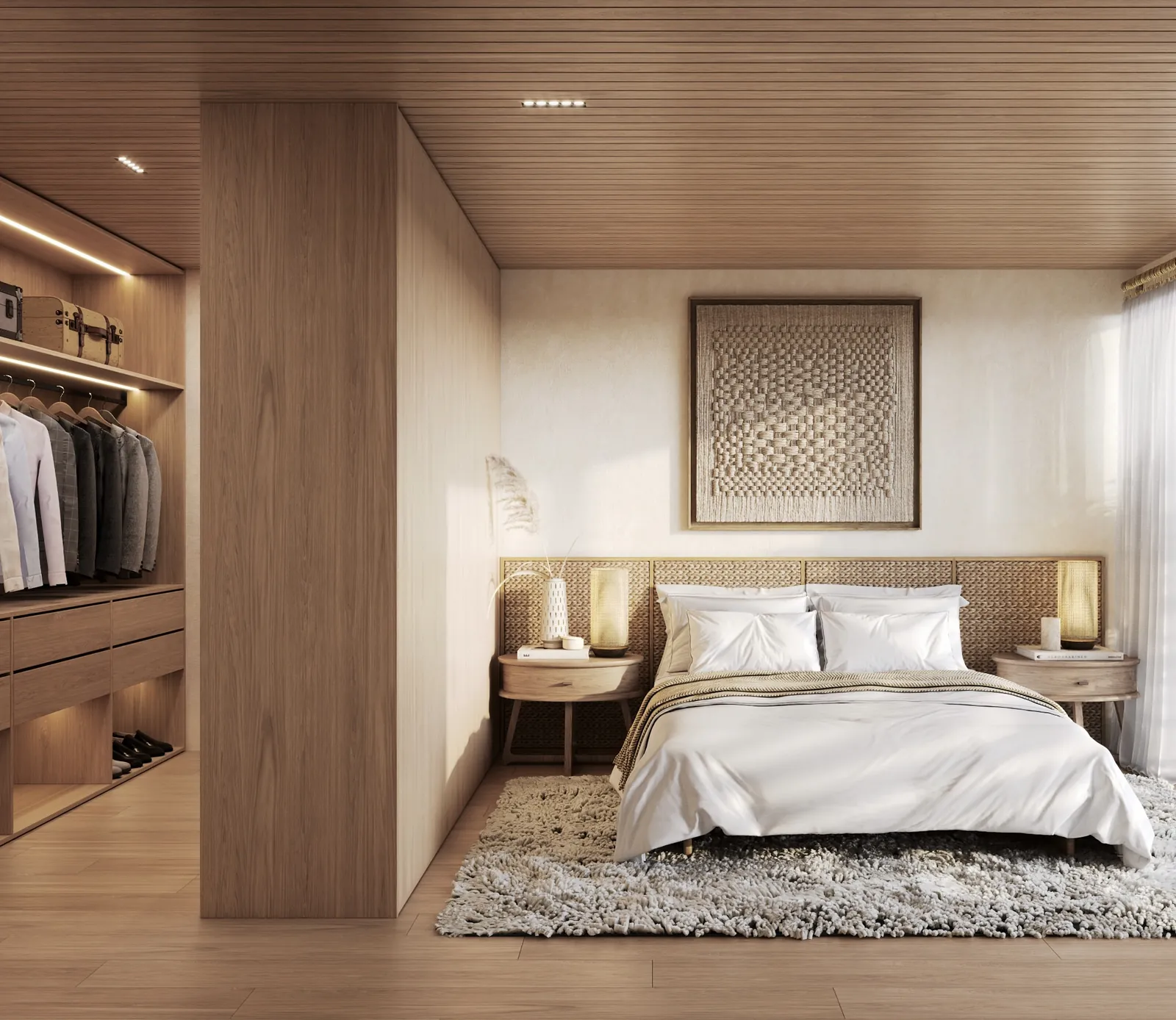 Suíte master com closet aberto, cama de casal e painel de madeira