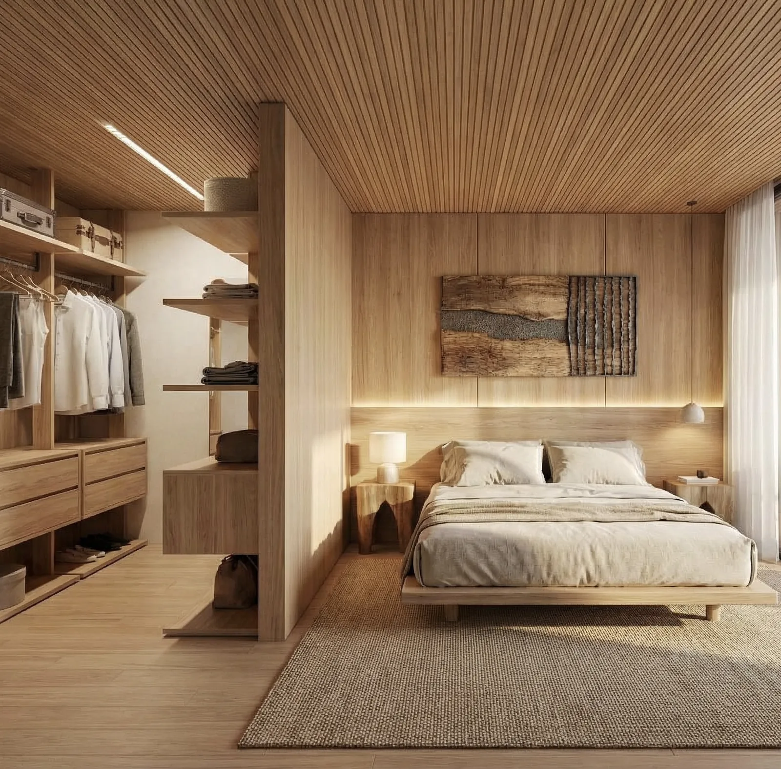 Suíte com cama baixa, armário e quadro sobre a cabeceira
