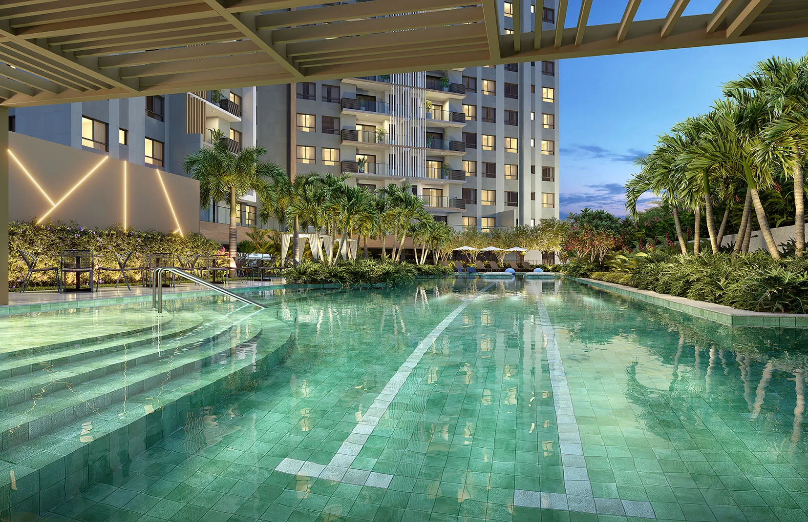 Perspectiva da piscina adulto com raia de 25 metros, entre as torres e os jardins