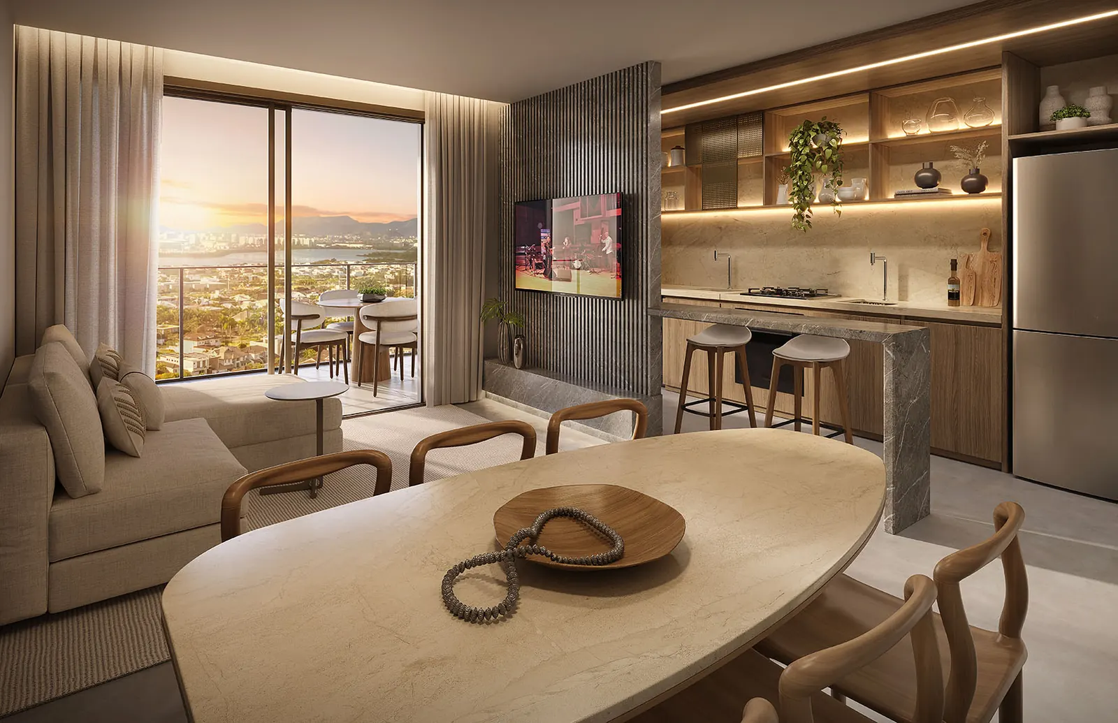Perspectiva da sala de estar e jantar integradas à varanda, num apartamento de 2 suítes