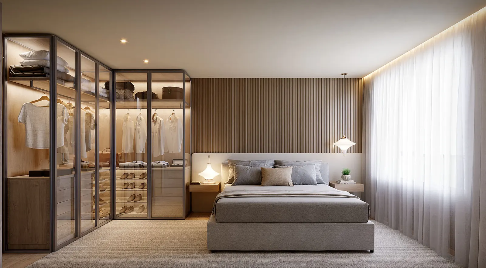 Perspectiva da suíte master de um apartamento de 3 suítes, com closet