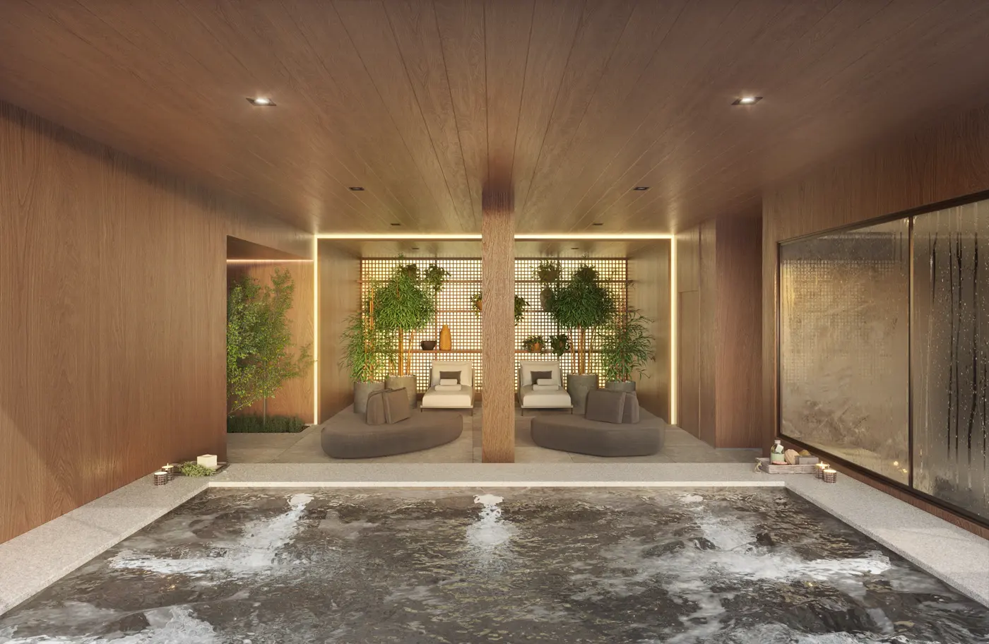Spa com piscina de hidromassagem interna e revestimento em madeira
