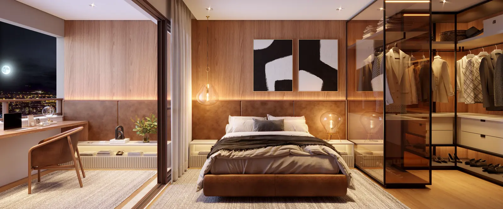 Suíte master com cama de casal, painel de madeira e janela ampla