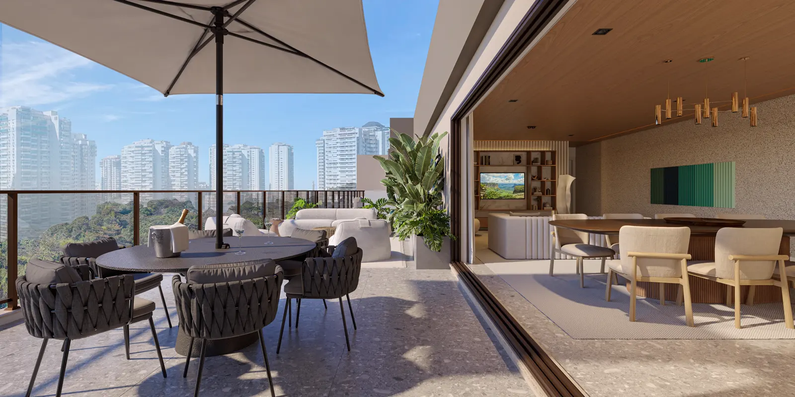 Terraço da cobertura linear com espreguiçadeiras e vista aberta