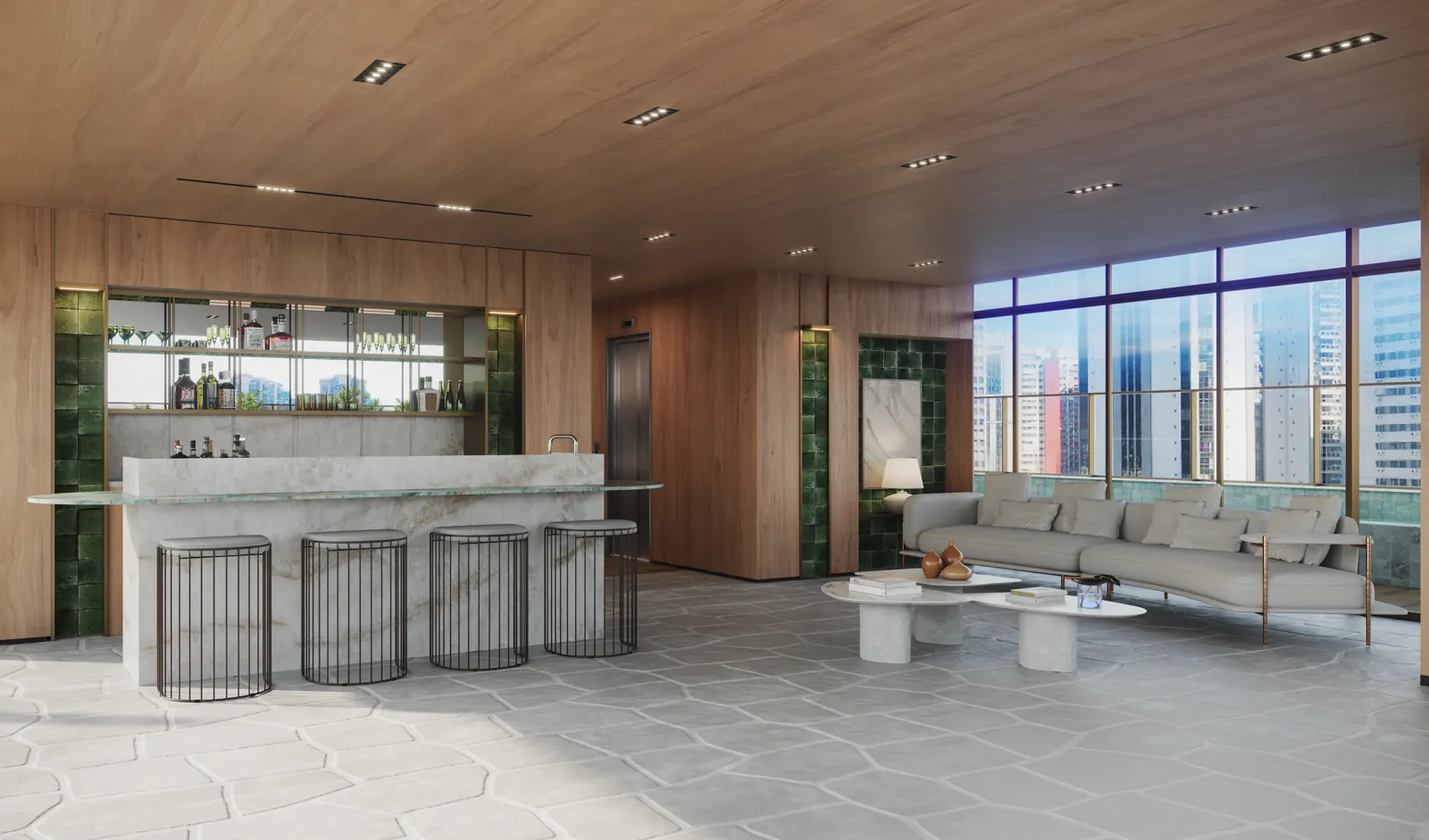 Bar da piscina com bancada em pedra, sofás e vista para a cidade