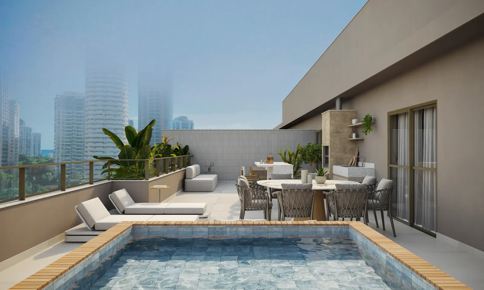 Terraço da cobertura duplex com piscina e vista para a cidade
