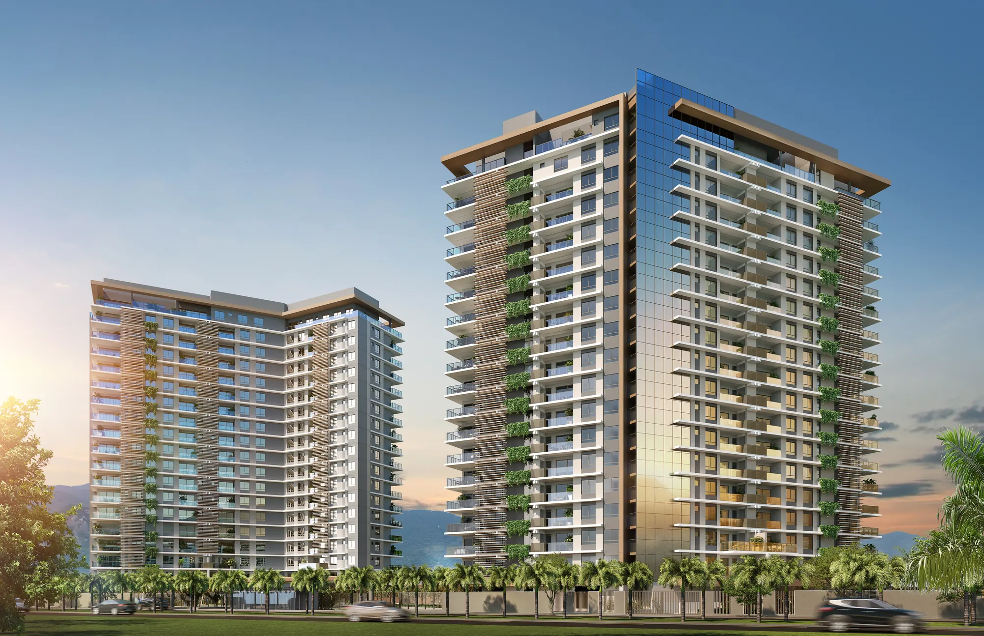 As duas torres do Icon Golf Residence ao entardecer