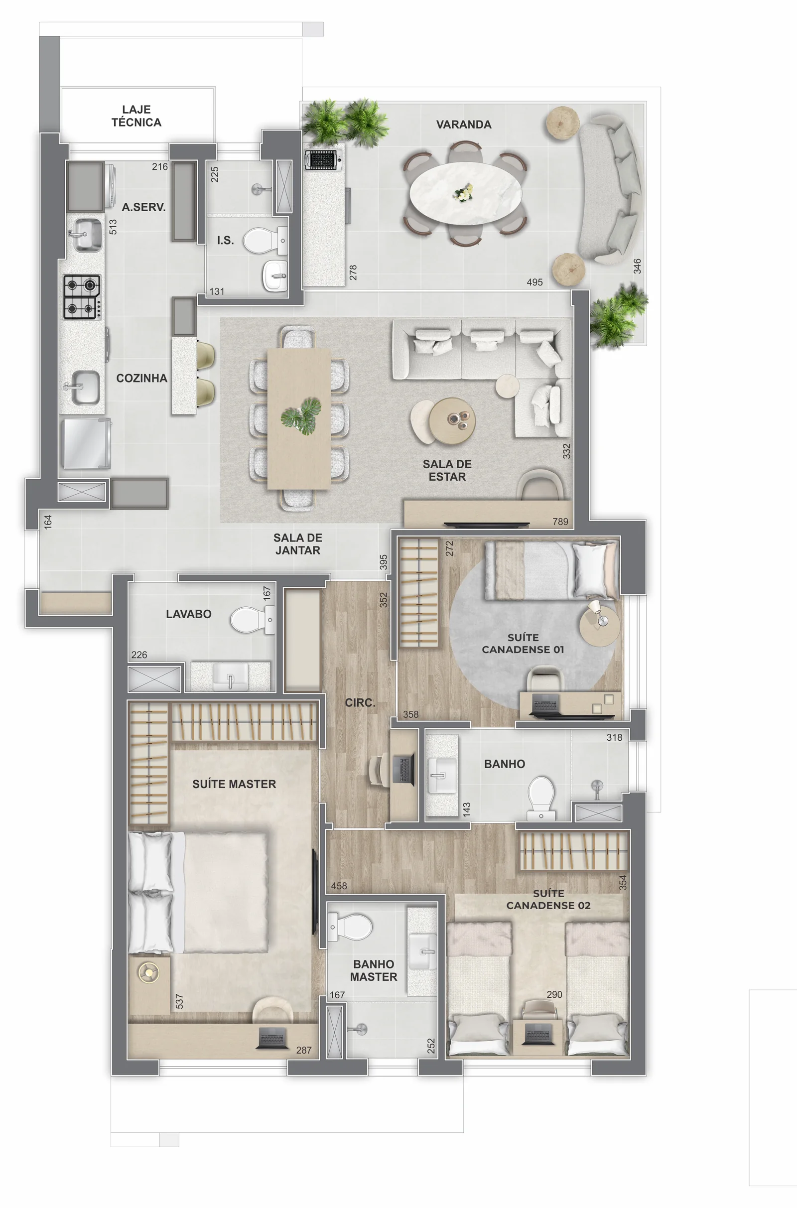 Planta: 3 suítes · final 02 e 06, 121 a 123 m²