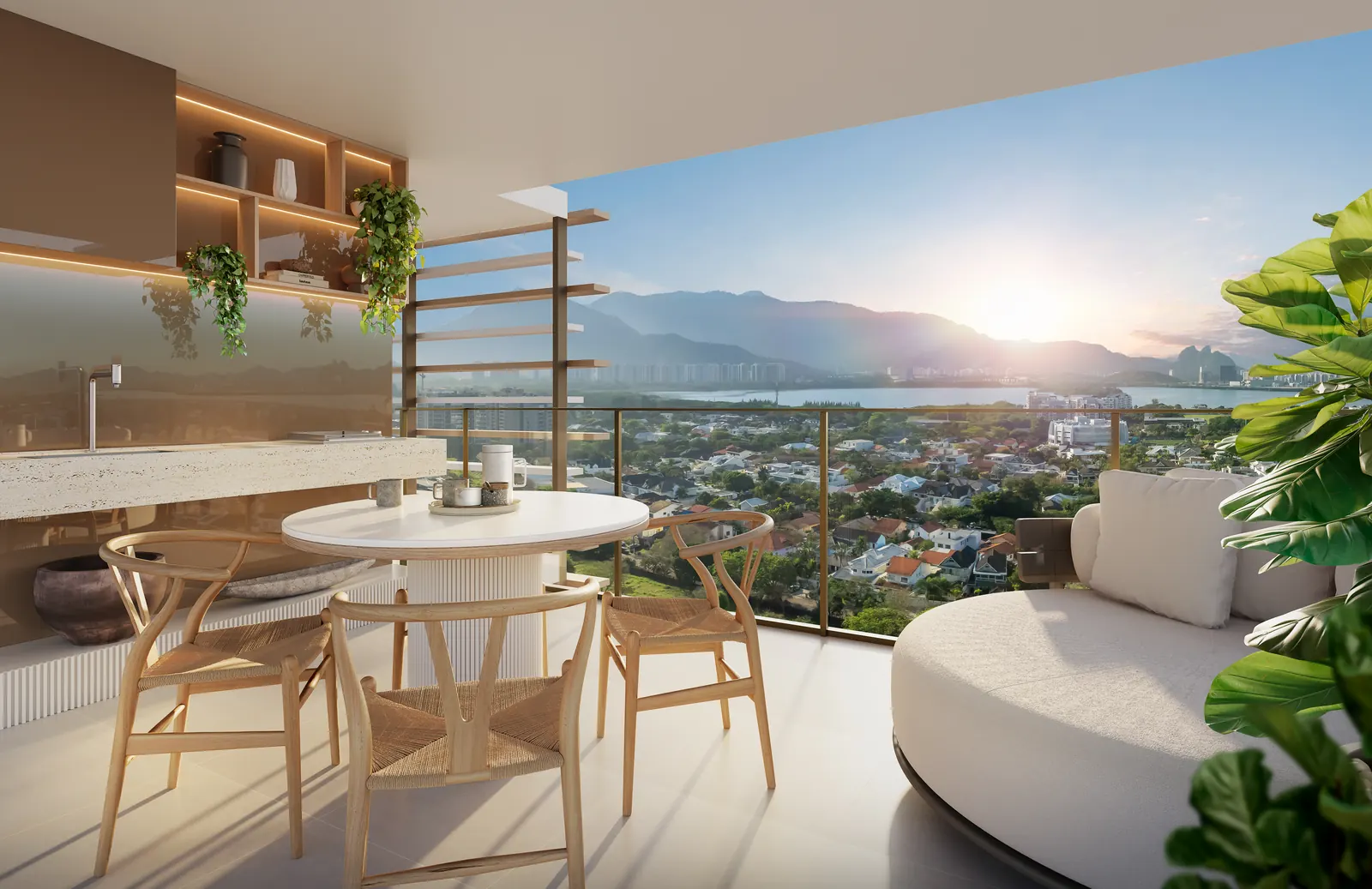 Perspectiva da varanda com mesa de jantar e vista para a Barra