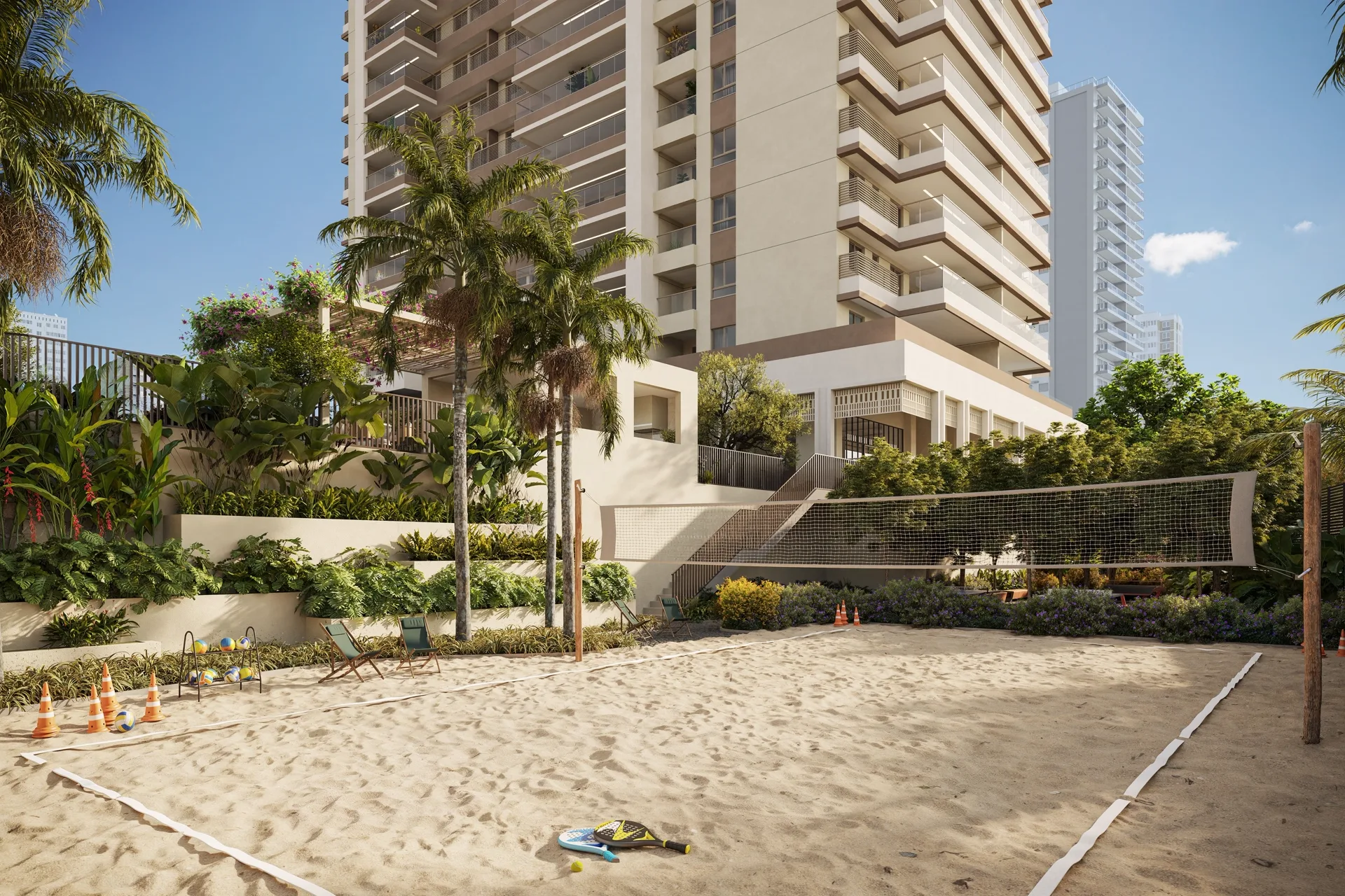 Quadra de areia do Kronos cercada de vegetação