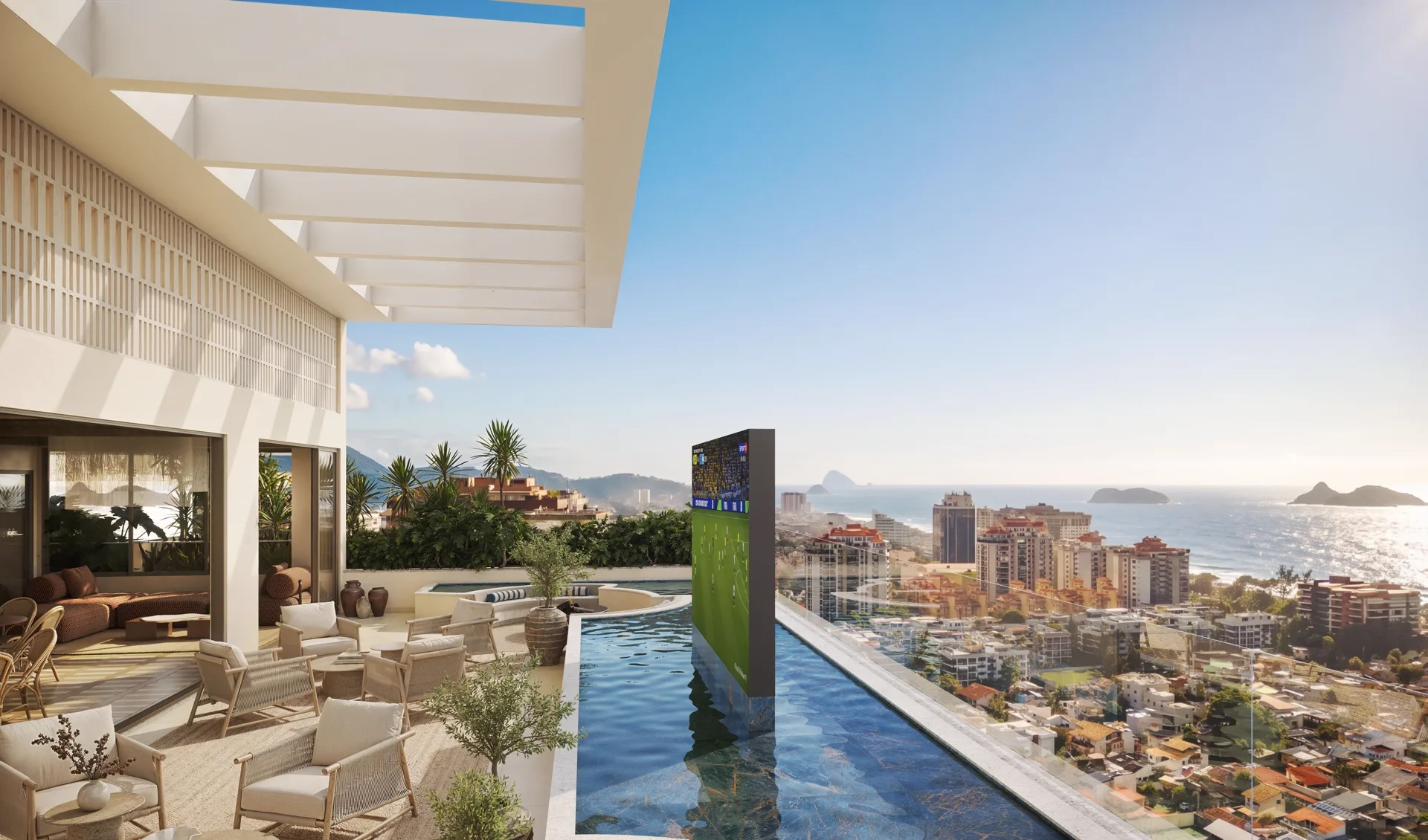 Terraço rooftop do Kronos, com lounge e vista da Barra
