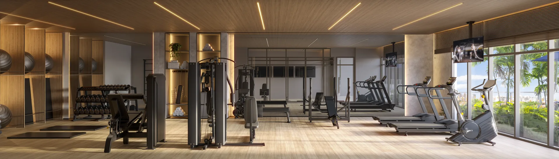 Academia equipada com vista para a área externa