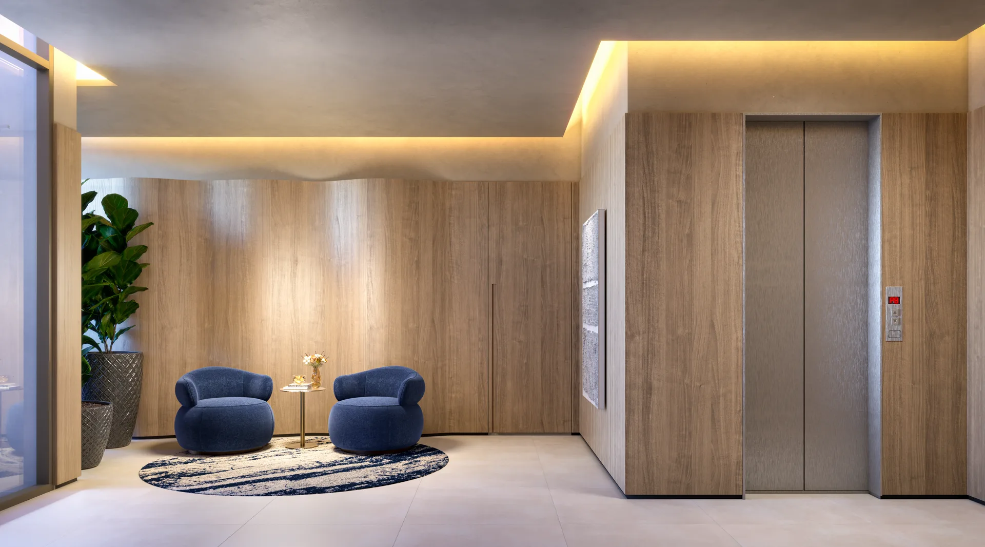 Lobby com painéis de madeira, poltronas azuis e hall dos elevadores