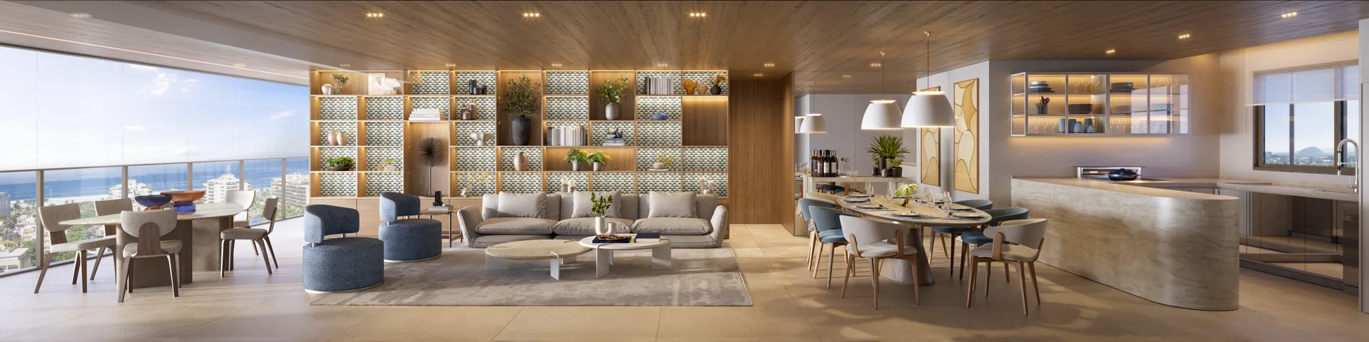 Sala do apartamento de 4 suítes, integrada à varanda, com vista para o mar
