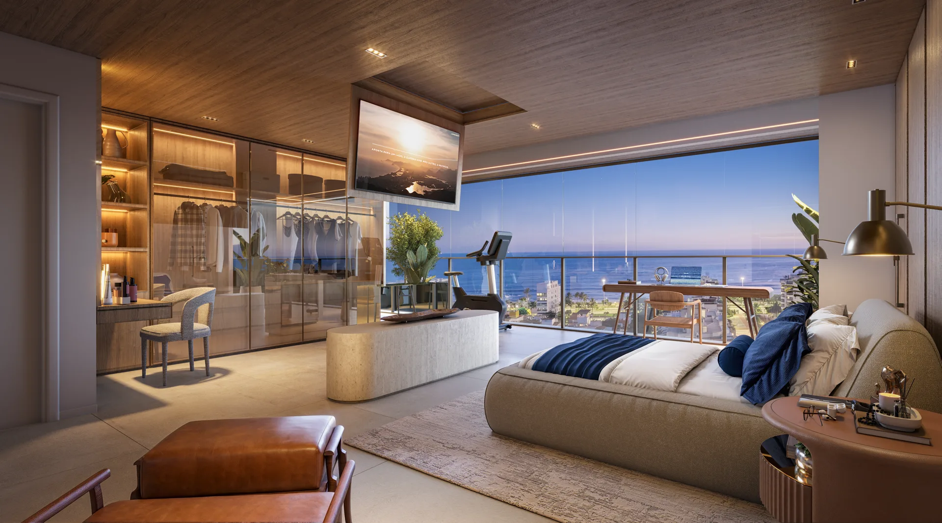 Suíte master com cama de casal, painel de madeira e vista para o mar
