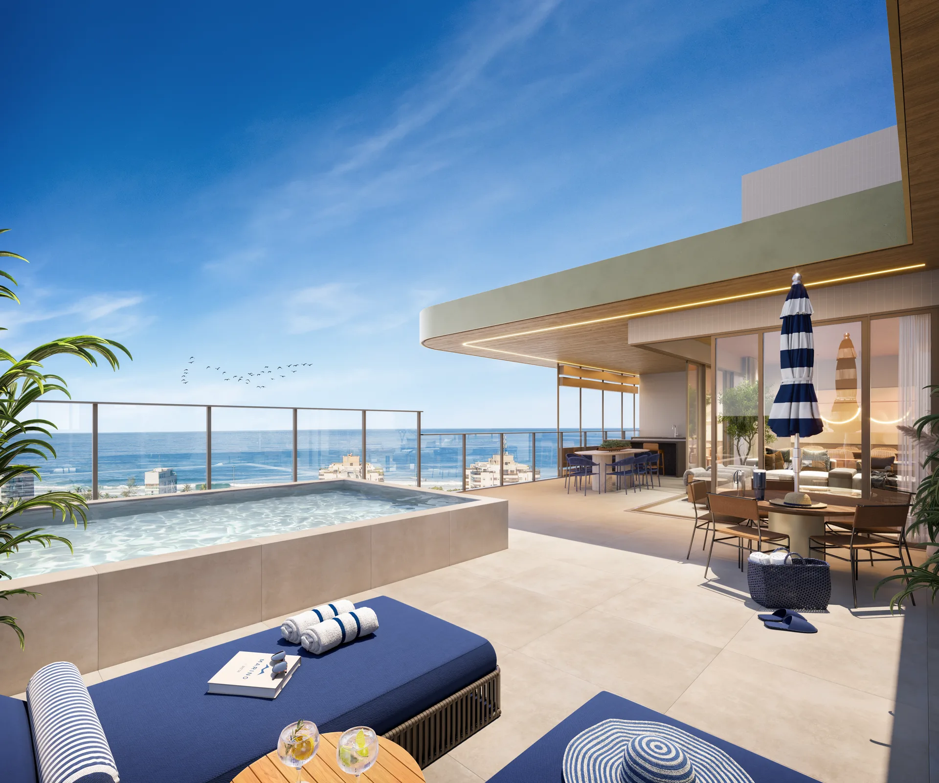 Terraço da cobertura linear com piscina privativa e vista para a praia