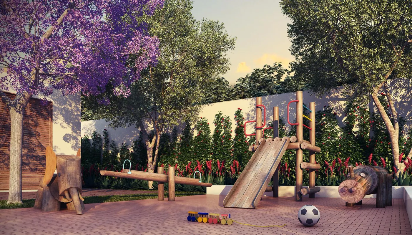 Playground com brinquedos de madeira sob ipês roxos