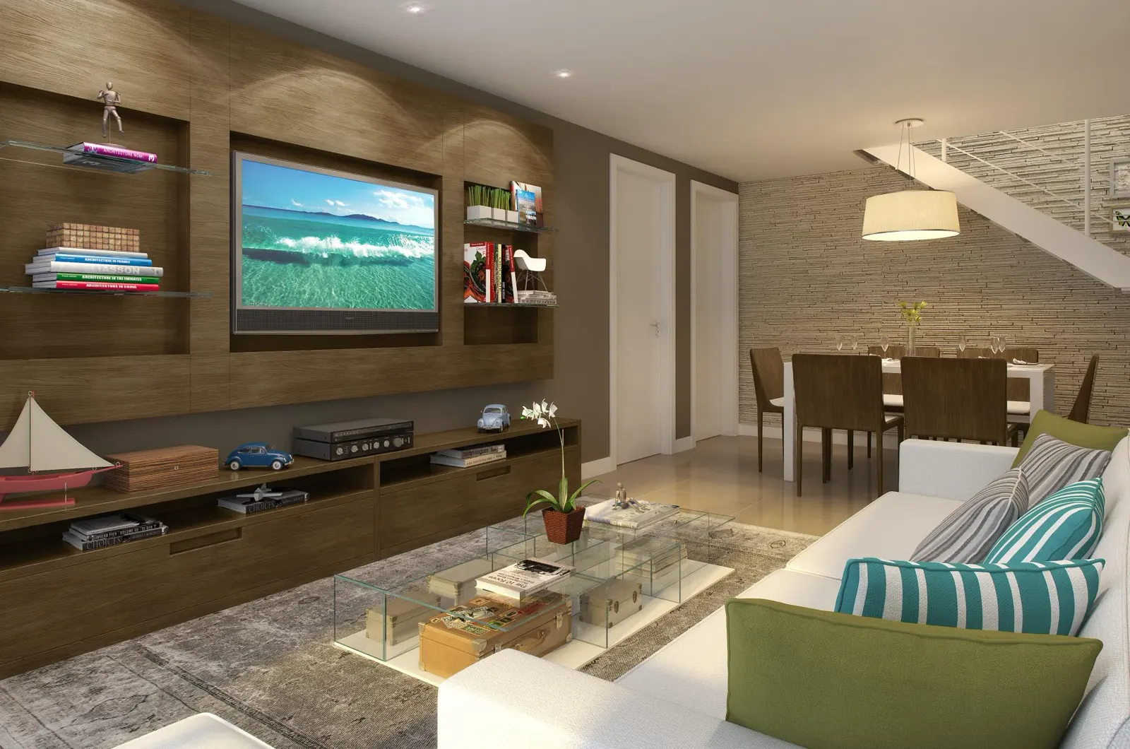 Perspectiva da sala da cobertura, com painel de TV e mesa de jantar