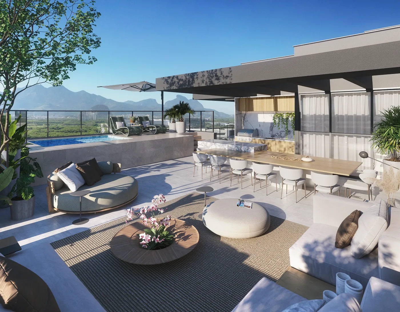 Terraço de cobertura com espreguiçadeiras