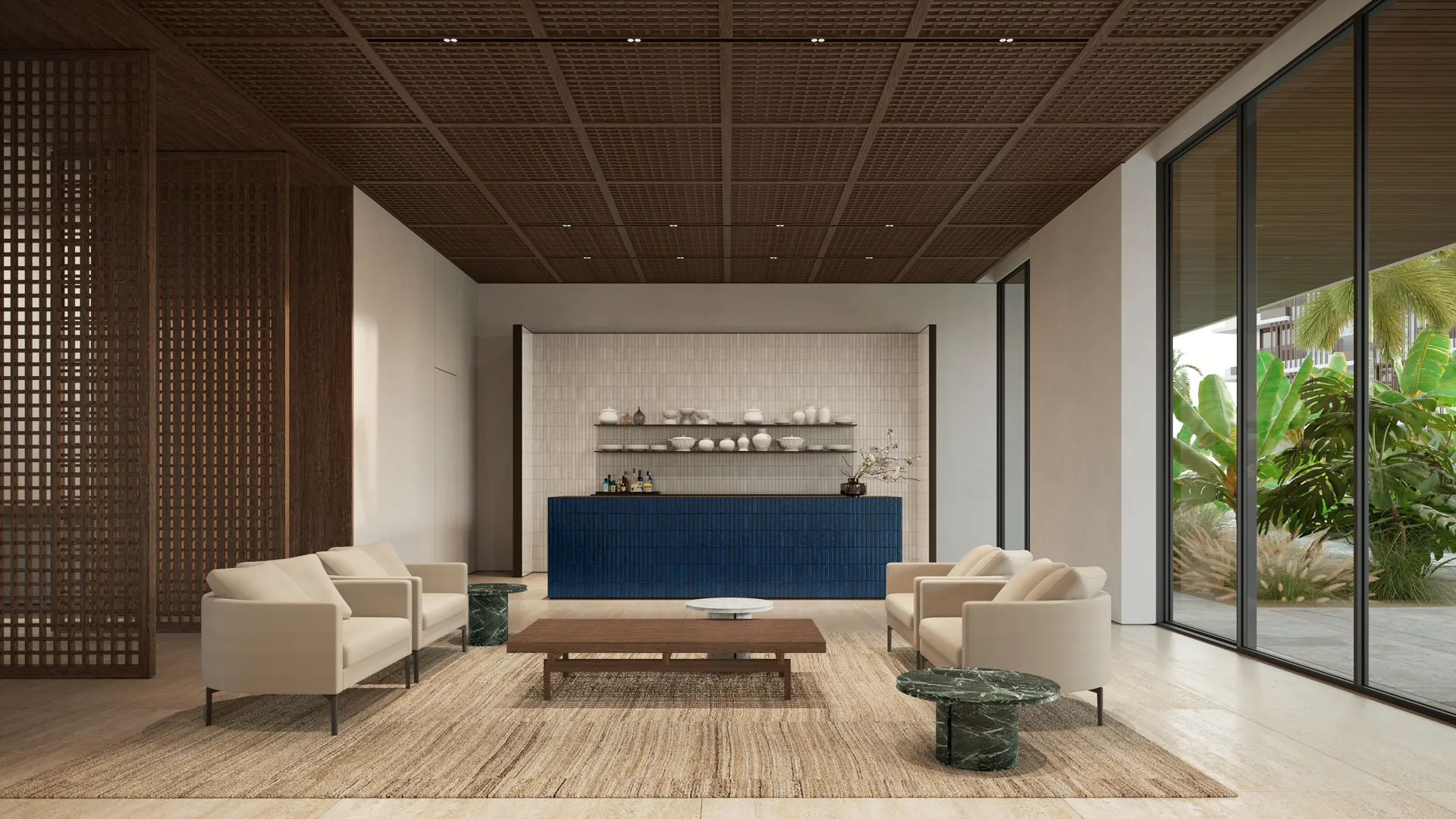 Recepção do spa, com lareira e poltronas claras