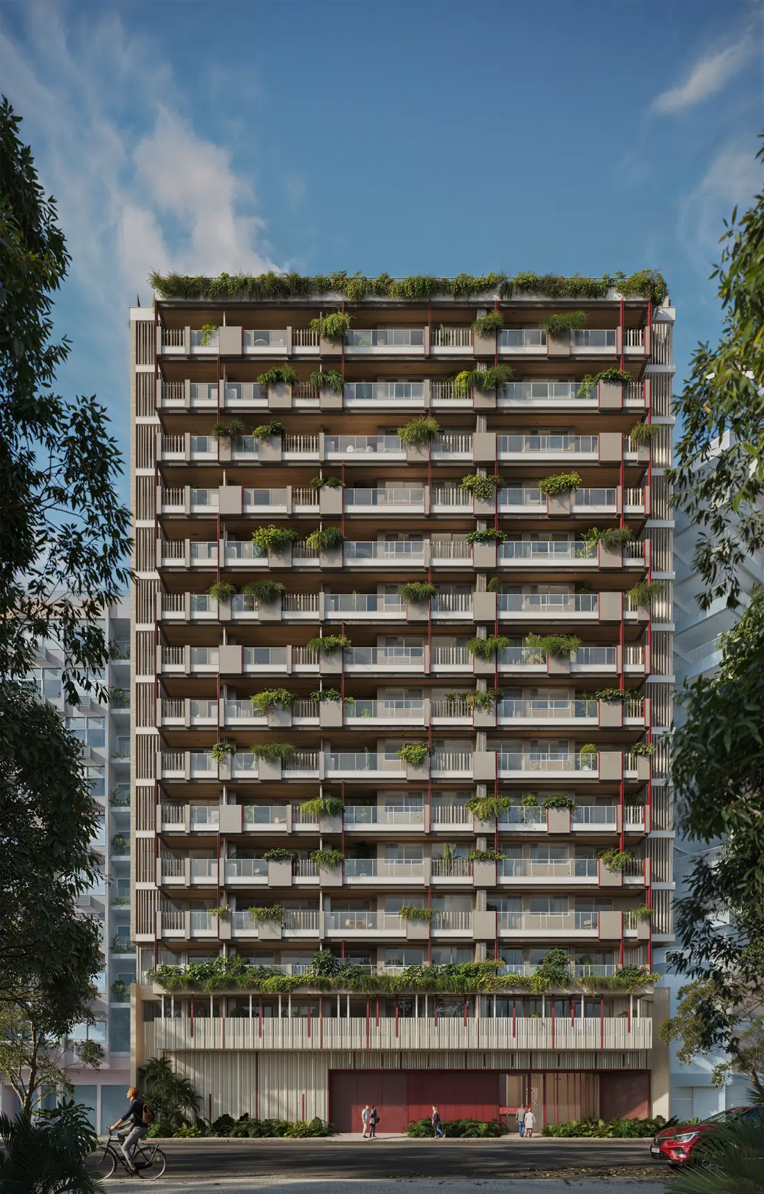 Fachada do Soul Rio Princesa Januária, com varandas, jardineiras e detalhes em vermelho
