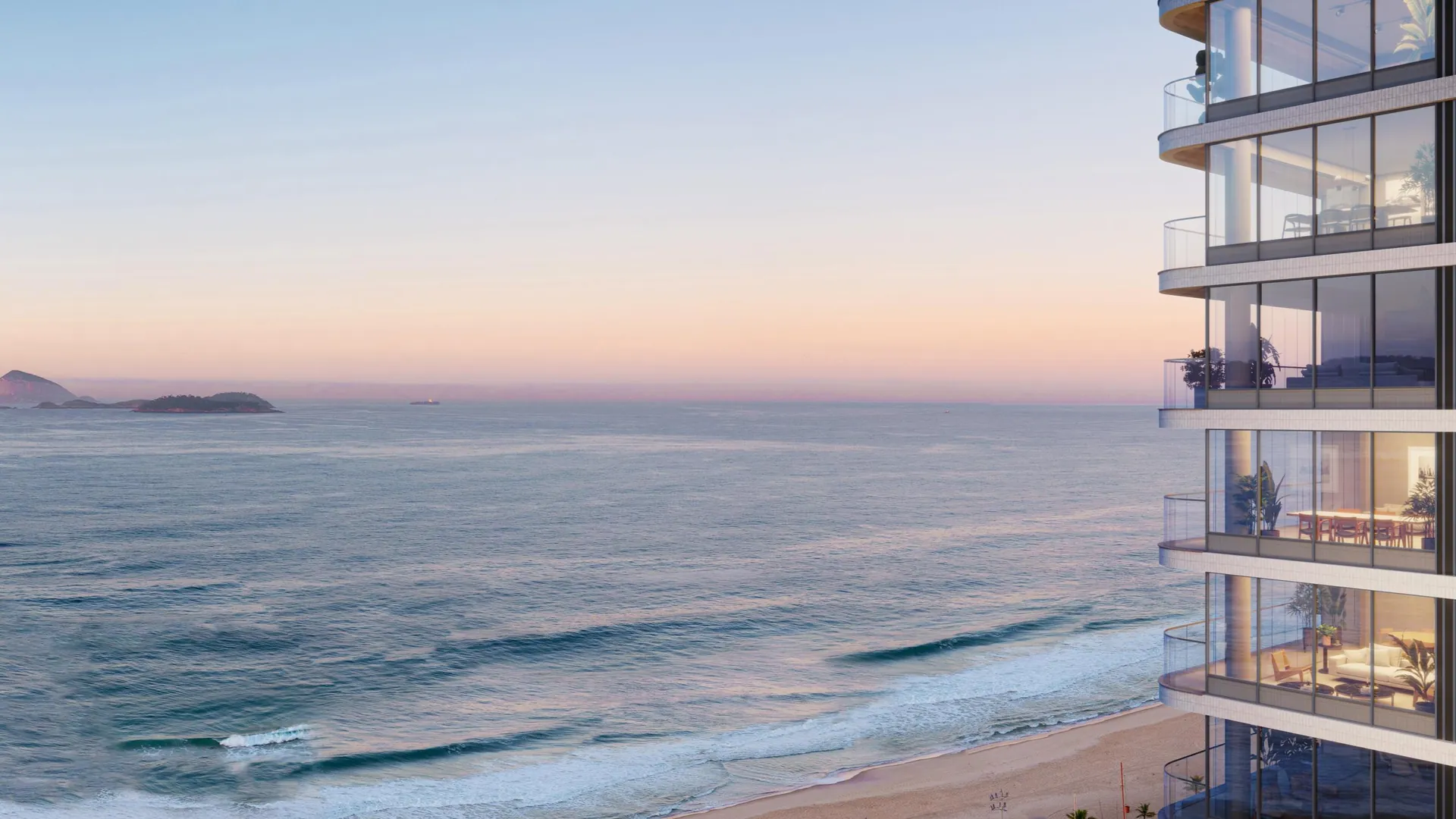 As varandas do Vista Ipanema com o mar e as Ilhas Cagarras ao pôr do sol