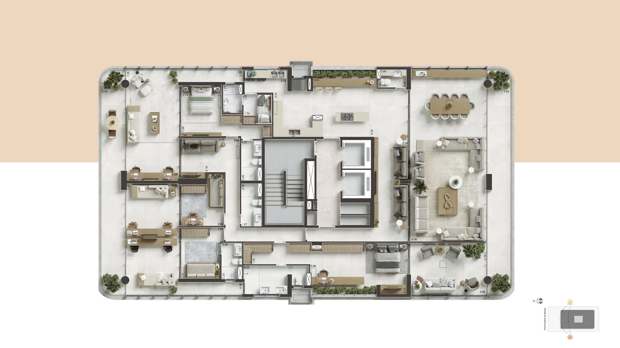 Planta do apartamento de andar inteiro, opção com 4 quartos e dependência completa