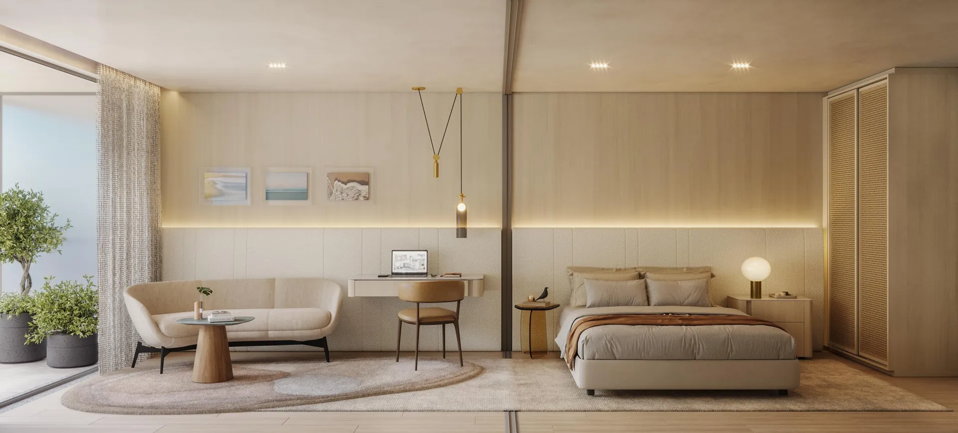 Suíte master do apartamento 1702 com cama, poltronas e janela