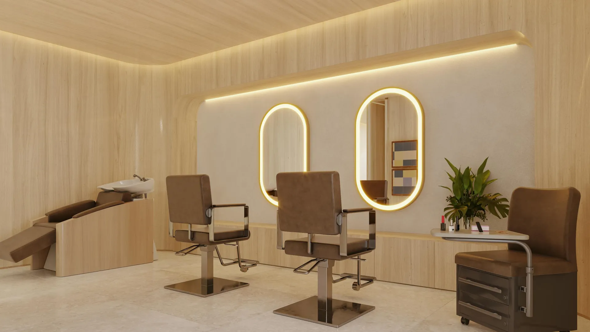 Espaço wellness com cadeiras de salão e espelhos iluminados